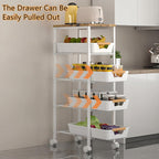 5-Tier Rolling Utility Cart with Wooden Top & Drawers, Metal Frame Storage Organizer with Wheels for Kitchen, Bathroom, Living Room, Office