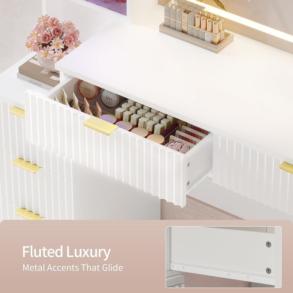 Big Vanity Desk, Fluted Makeup Vanity with Mirror Lights, Dressing Table | La...