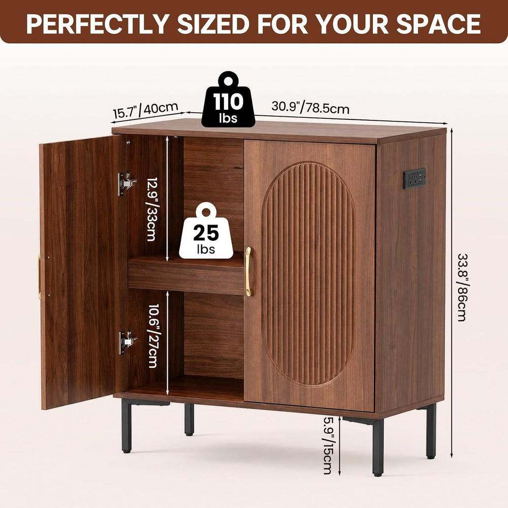 Fluted Buffet Cabinet with Charging Station and 2 Doors