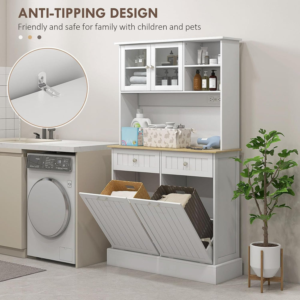Pantry Storage Cabinet with Charging Station, 2 Tilt Out Trash Cabinets and M...