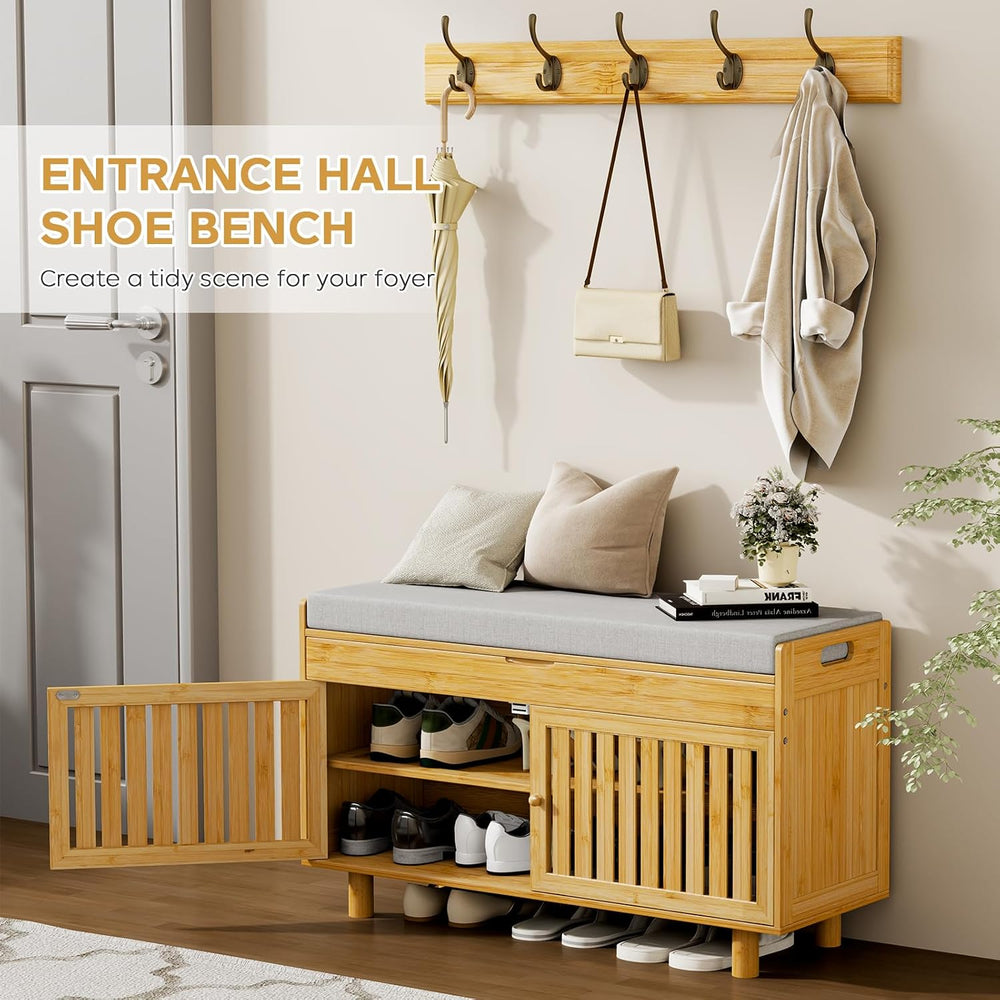 Shoe Storage Bench Coat Rack Set, 35.4" Bamboo Hall Tree Entryway Bench