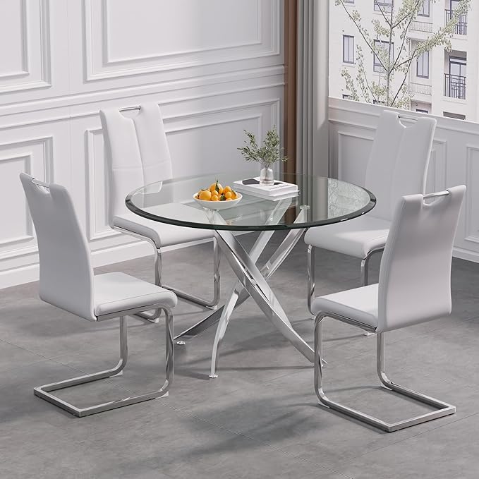Goujxcy Dining Chairs Set of 4, Modern High Back Kitchen Chairs with Metal Legs and Faux Leather Padded Seat Upholstered Dining Chairs for Dining & Kitchen,Living Room (White&Silver, Set of 4)