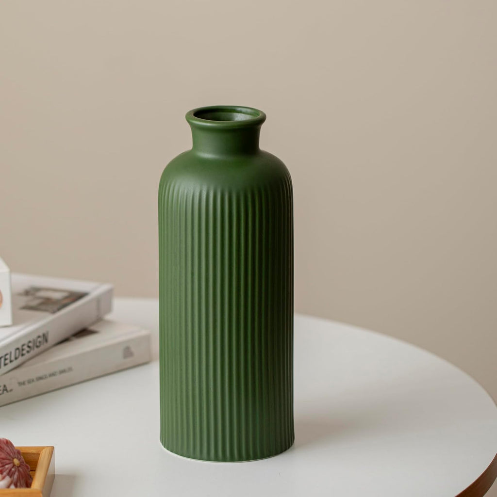 Green Ribbed Ceramic Vase for Flowers, Modern Textured Decorative Vase, 10 Inch Tall, 4 Inch Width, Farmhouse Style Home Decor (Matte Glaze Green)