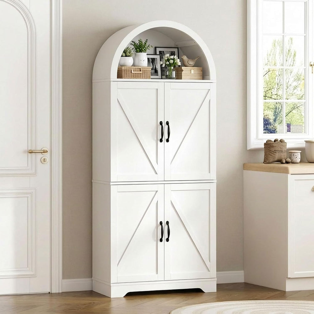 70" Tall Arched Pantry Cabinet, Kitchen Cupboard with Barn Doors, Adjust...