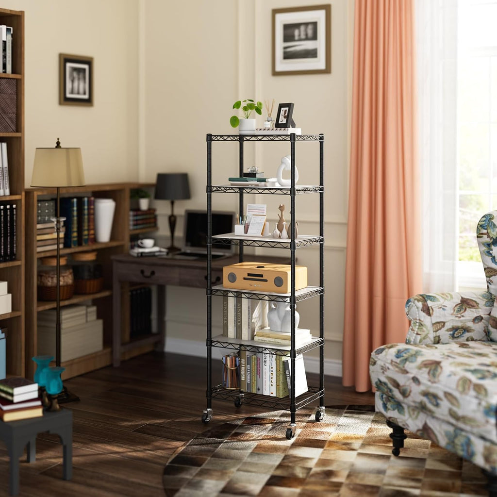 Small 6 Tier Shelves Storage Wire Shelving Unit Metal Shelf Adjustable Organizers Storage Shelving with Wheels for Bathroom Laundry Room Kitchen Pantry12”D x 18”W x 61.6”H Black