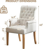 Fabric Dining Chair with Arms, Upholstered Tufted High Back Dining Room Chairs, Accent Armchair with Solid Wood Leg and Nailhead Trim, Kitchen Dining Living Room, Beige