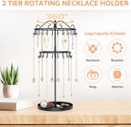 iDavosic.ly 2 Tier Rotating Necklace Organizer with Jewelry Tray, Adjustable Metal Necklace Holder with 42 Hooks, Extra Tall Bracelet Keychain Spinning Display Stand Tree Tower for Women, Black