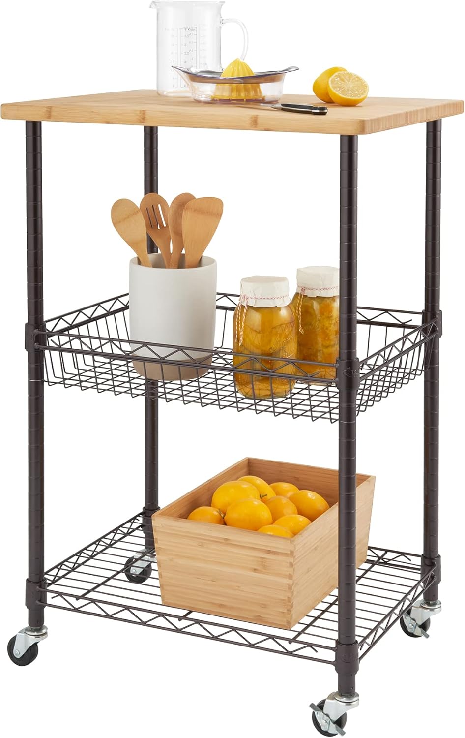 3 Tier Rolling Cart Kitchen Organizer with Bamboo Top, Metal Wire Storage Basket and Shelf for Household and Pantry Organization, Dark Bronze, 24” W x 18” D x 35” H