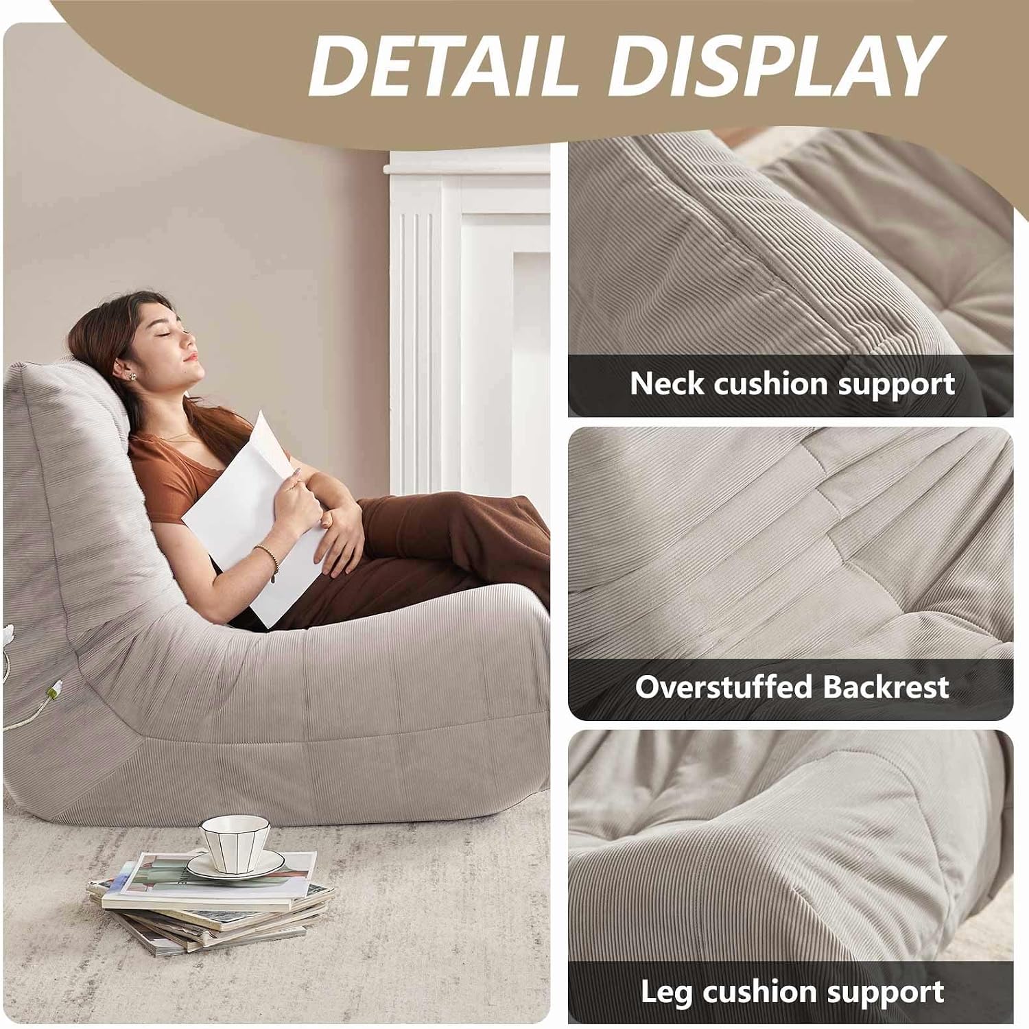 Modern Living Room, Adult Bean Bag Floor Sofa, Super Soft and Comfortable Memory Foam Lazy Sofa, Togo Recliner Furniture, Suitable for Balcony Bedroom Fireside Chair (Apricot)