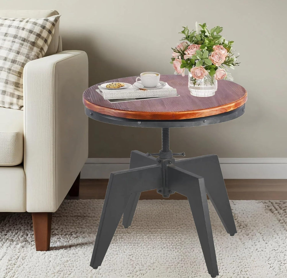 Topower Industrial Retro Round Table End Table Antique Height Ajustable Black...
