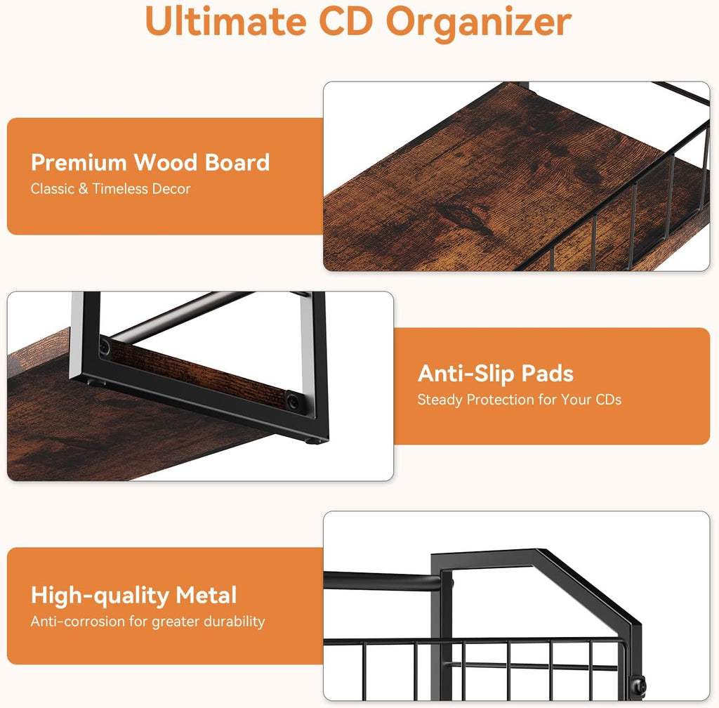 2-Tier CD Holder, Clear CD Storage Rack for Non-slip Feets, CD Organizer with Dispay Top Shelf, Premium CD shelf for Home Office, Holds Up to 60 Standard Rectangular Jewel Cases (Brown)