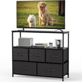 DUMOS TV Stand, Dresser with 5 Fabric Storage Drawers, Media Console Featuring Open Shelf for TV, Compact Entertainment Unit for Bedroom, Living Space, or Dorm Organization, Black