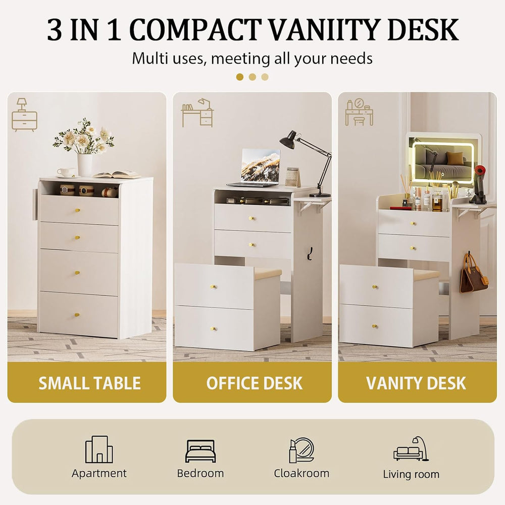COMHOMA Makeup Vanity Desk with Mirror and Lights, Small 3 in 1 Vanity Table ...