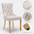 Velvet Upholstered Dining Chairs Set of 8, Modern Style Kitchen Side Chairs with Nailhead Trim and Gold Plated Leg, Metal Pulling Ring for Dining Room Living Room(Beige)