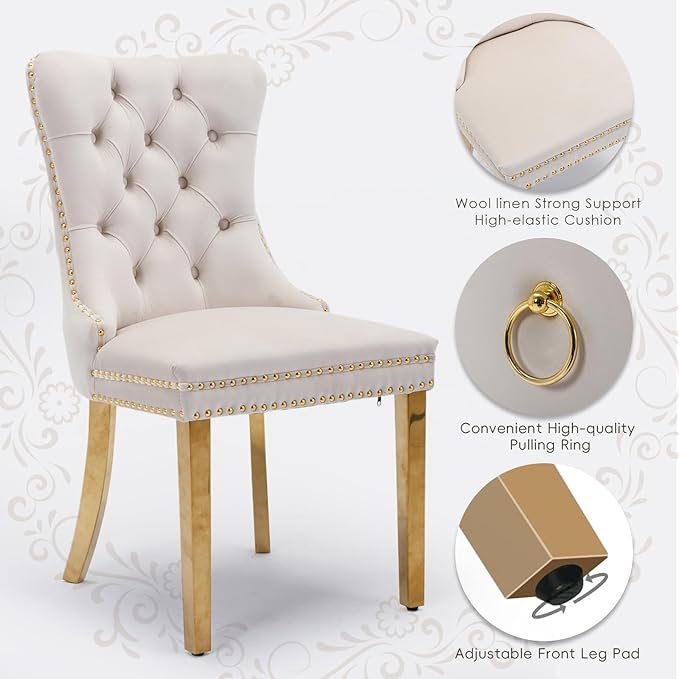 Velvet Upholstered Dining Chairs Set of 2, Modern Style Kitchen Side Chairs with Nailhead Trim and Gold Plated Leg, Metal Pulling Ring for Dining Room Living Room(Beige-Gold Plated Leg)