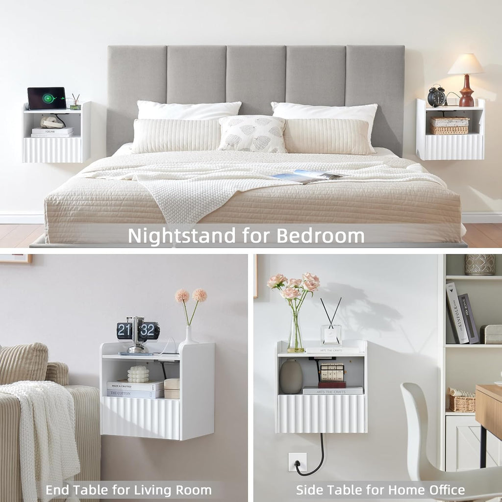 Modern Fluted Floating Nightstand Wall Mounted Set of 2- Bedside Table with Storage Drawer & Display Shelf, Minimalist Bedroom Furniture for Studio Apartments (Matte White)