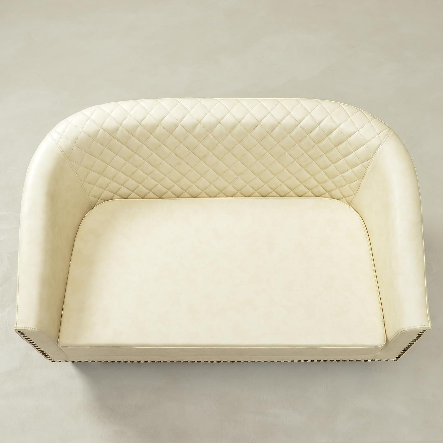 50" Faux Leather Small Barrel Love Seats Set of 2, Diamond Tufted Back Compact Loveseats Sofas with Nailhead Trim, Modern 2-Seater Couches with Solid Wood Legs for Small Spaces, Apartments, Cream