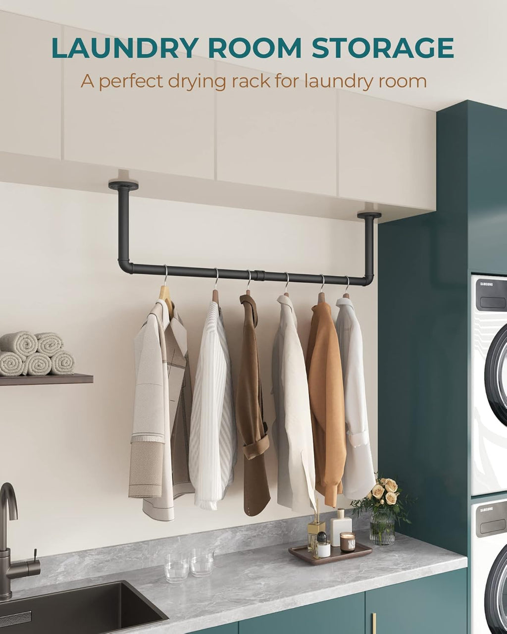 OROPY Industrial Pipe Clothes Rack Wall Mounted Set of 2, 38.4 inches Heavy Duty Iron Pipe Clothing Garment Rail, Multi-Purpose Clothing Hanging Rod for Laundry Room and Closet Storage