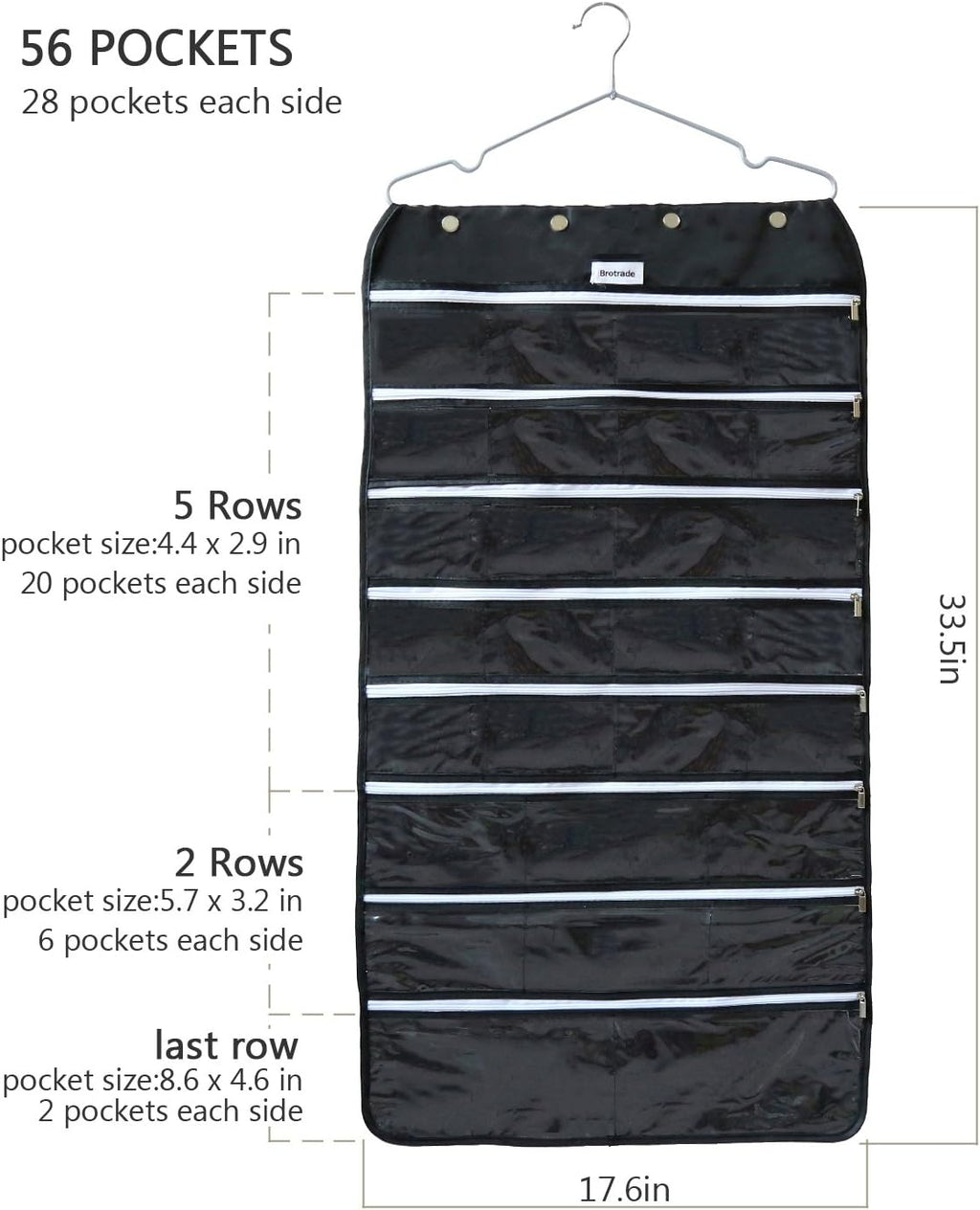 BB Brotrade Hanging Jewelry Organizer,Accessories Organizer,56 Zipper Pocket Organizer for Holding Jewelries (Black-Zipper)