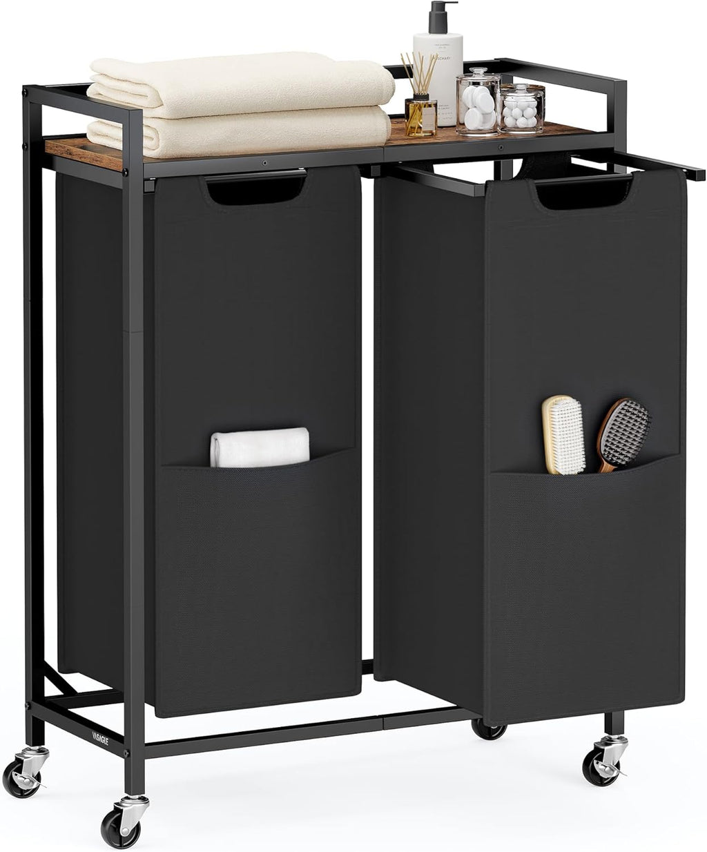 VASAGLE Laundry Sorter, 29 Gal. (110 L) Laundry Hamper Basket with 2 Compartments, Rolling Cart with Wheels, Shelf, Removable Bags, Pockets, Ink Black and Rustic Brown UBLH021B01