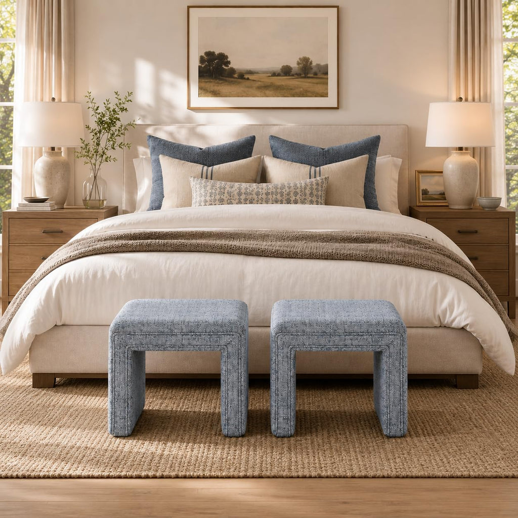HomePop 19" Modern Waterfall Ottoman - Blue Gray Woven Fabric