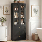 Cyclysio 80" Tall Pantry Cabinet for Kitchen Storage, Black Pantry Cabinet with Glass Doors & 3 Drawers - Freestanding Storage Bookcase with Built-in Baseboard Notch for Dining, Living Room
