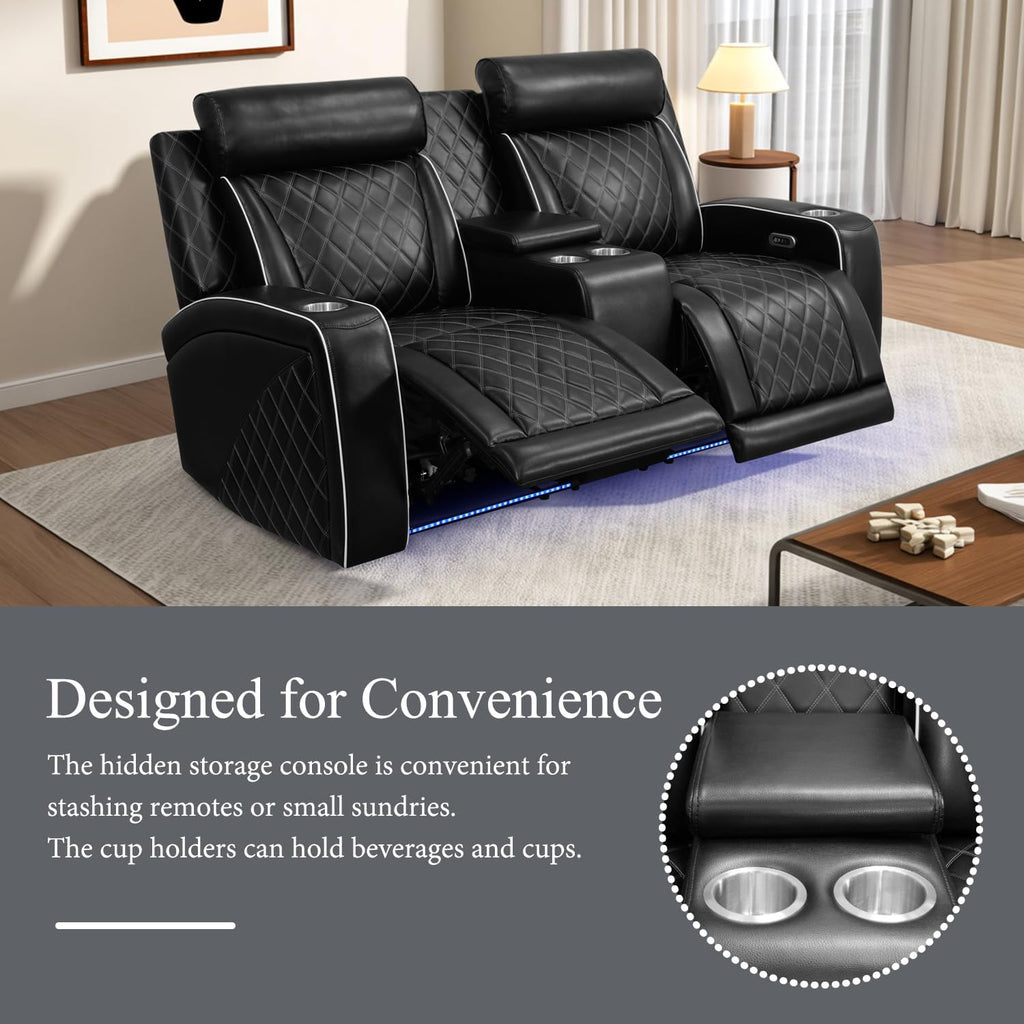 Power Recliner Sofa Set, Breathing Leather Reclining Couch Set, 3 Piece Living Room Furniture Set with LED Lights/Charging Ports/Storage for Home/Office (Black New, Sofa+Loveseat+Chair)