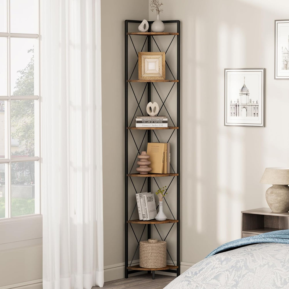 6 Tier Corner Shelf Stand, 78" H Tall Industrial Corner Bookshelf for Li...