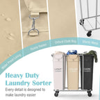 PLKOW Laundry Sorter 3 Section, 220L Large Laundry Cart with Wheels 3 Hamper Laundry Sorter with Steel Frame and Removable Bag, Rolling Laundry Cart for Home, Laundry Room, Hotel, 6 Bushel