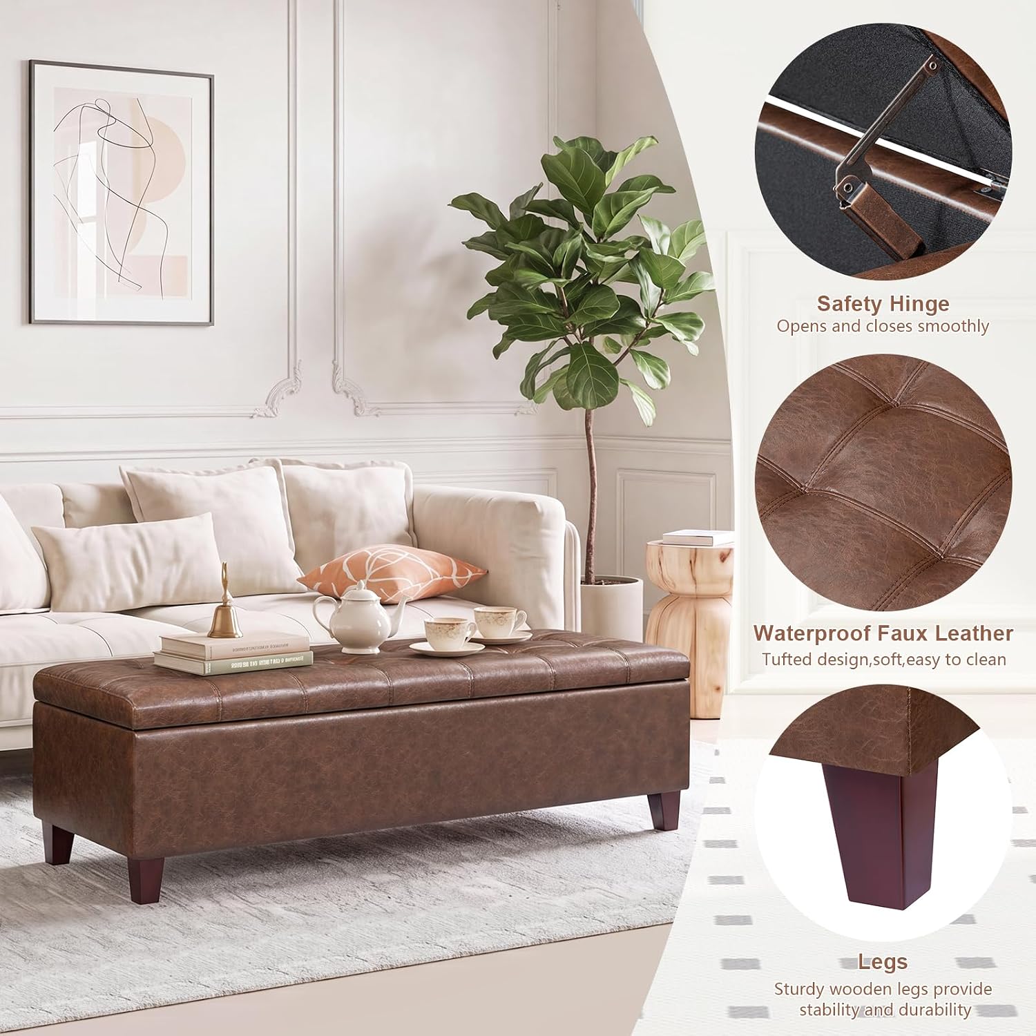 Joveco 51 Inch Storage Bench,Leather Tufted Storage Ottoman with Legs | Safety Hinges,Wooden Legs,Hidden Storage,Upholstered,End of Bed,Bedroom,Living Room,Entryway