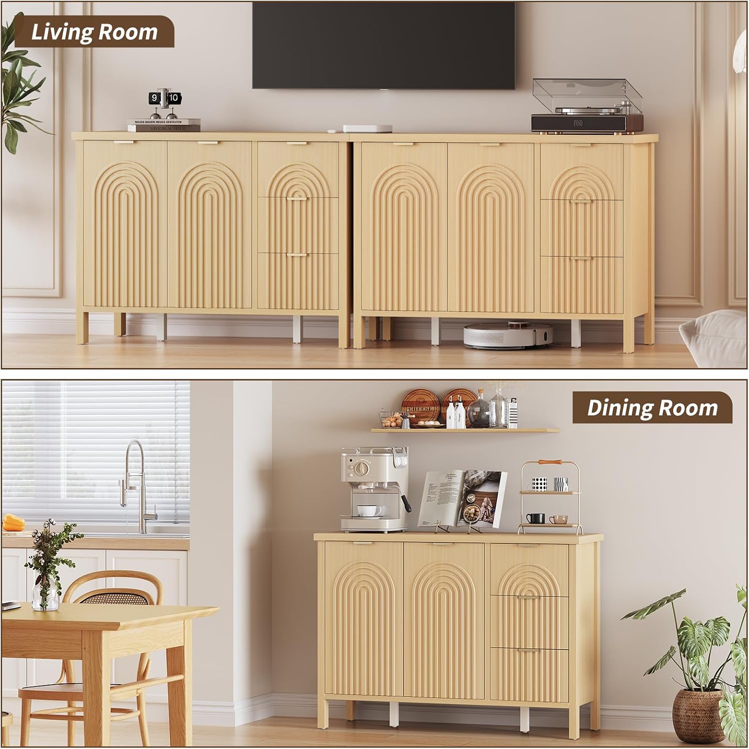 Sideboard Buffet Cabinet with Storage - Fluted Accent Coffee Bar Cabinets Kitchen Credenza with Drawers & Doors, Wood Console Side Board with Adjustable Shelf for Living Room Entryway,Natural