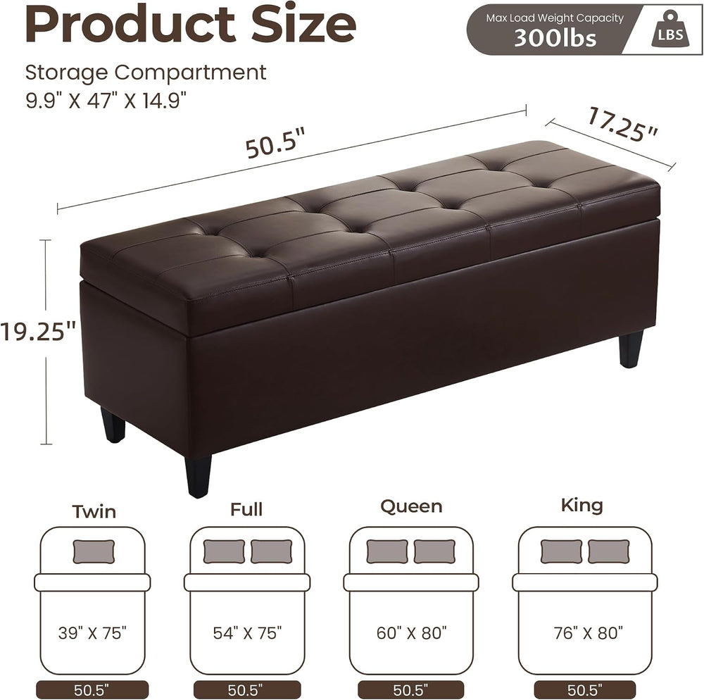 50.5 Inch Storage Ottoman Bench, Faux Leather Tufted Upholstered Bedroom Benc...