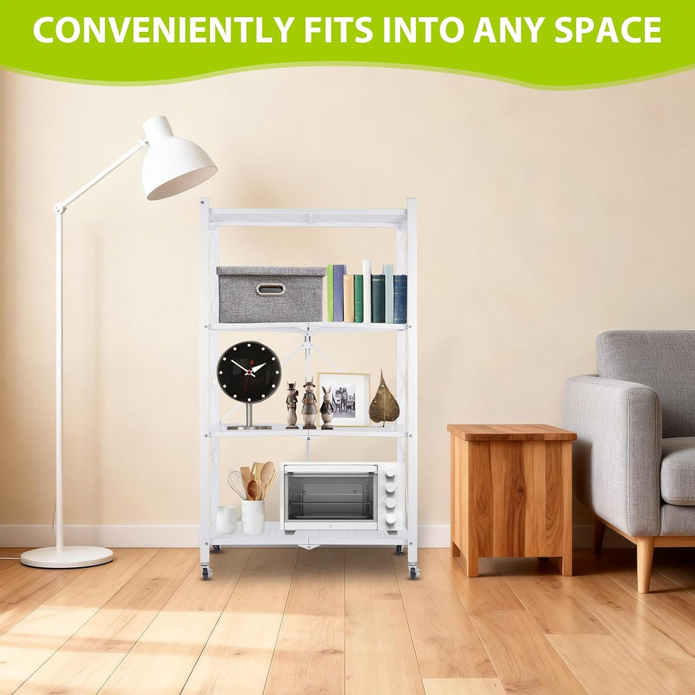 4-Tier Foldable Storage Shelf with Wheels, Metal Collapsible Shelving Unit, H...