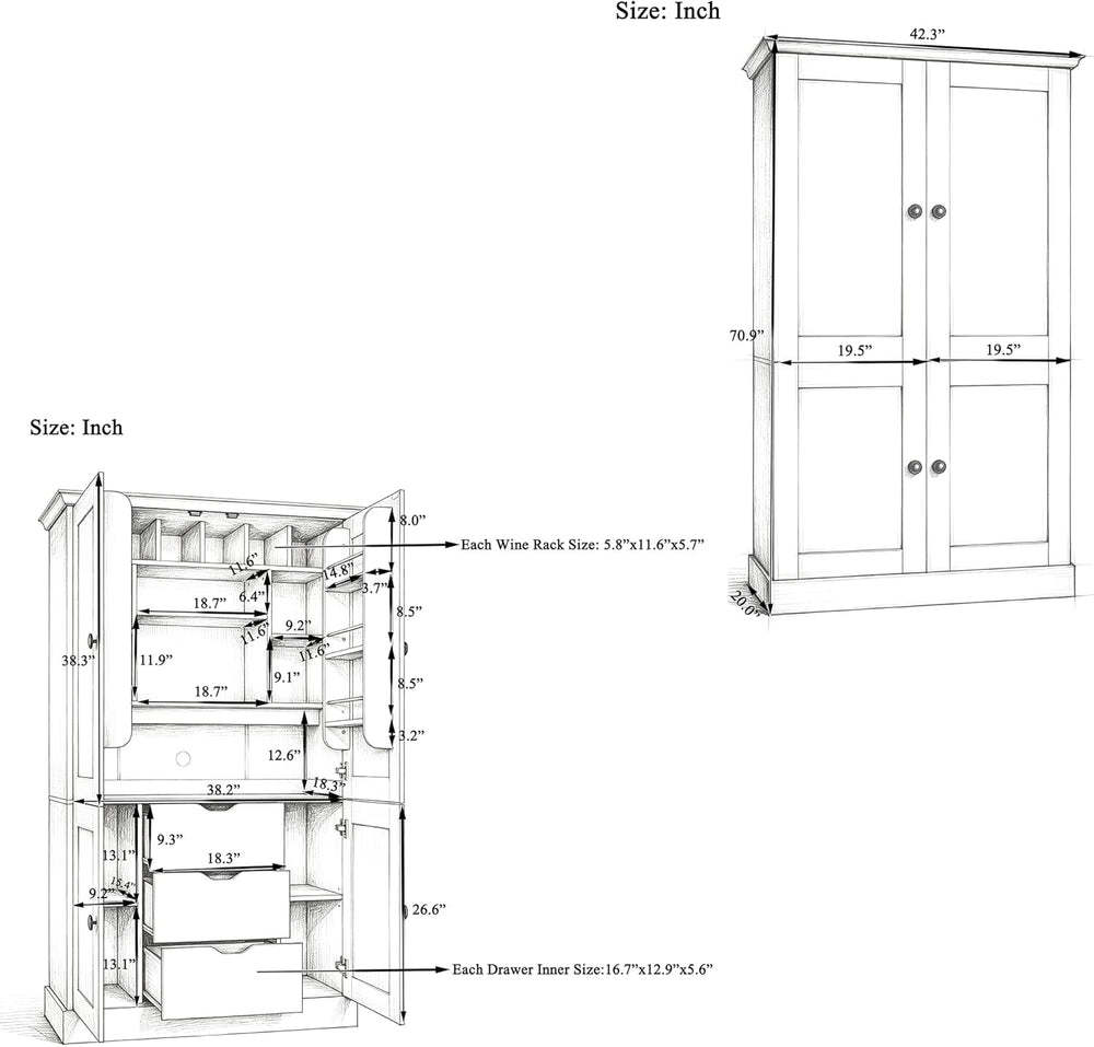 70.9" Tall Kitchen Pantry Cabinet with 4 Doors 3 Drawers 6 Wine Racks &a...