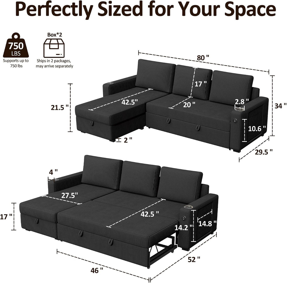 Ball & Cast 80" Sectional Sleeper Sofa Bed Pull Out Couches for Livi...