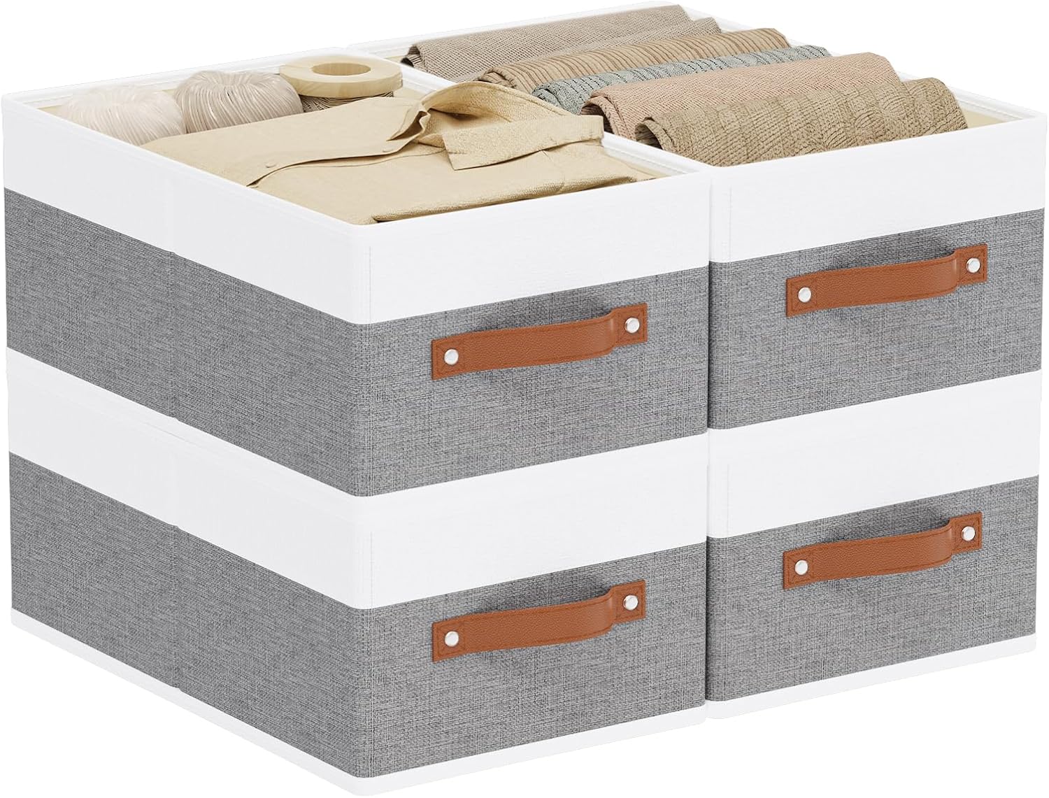 Storage Boxes, 16.1 × 9.8 × 6.5 Inch Storage Baskets with Handles, Fabric Cube Organizer Bins for Shelves Bedroom Laundry, White and Grey, 4-Pack