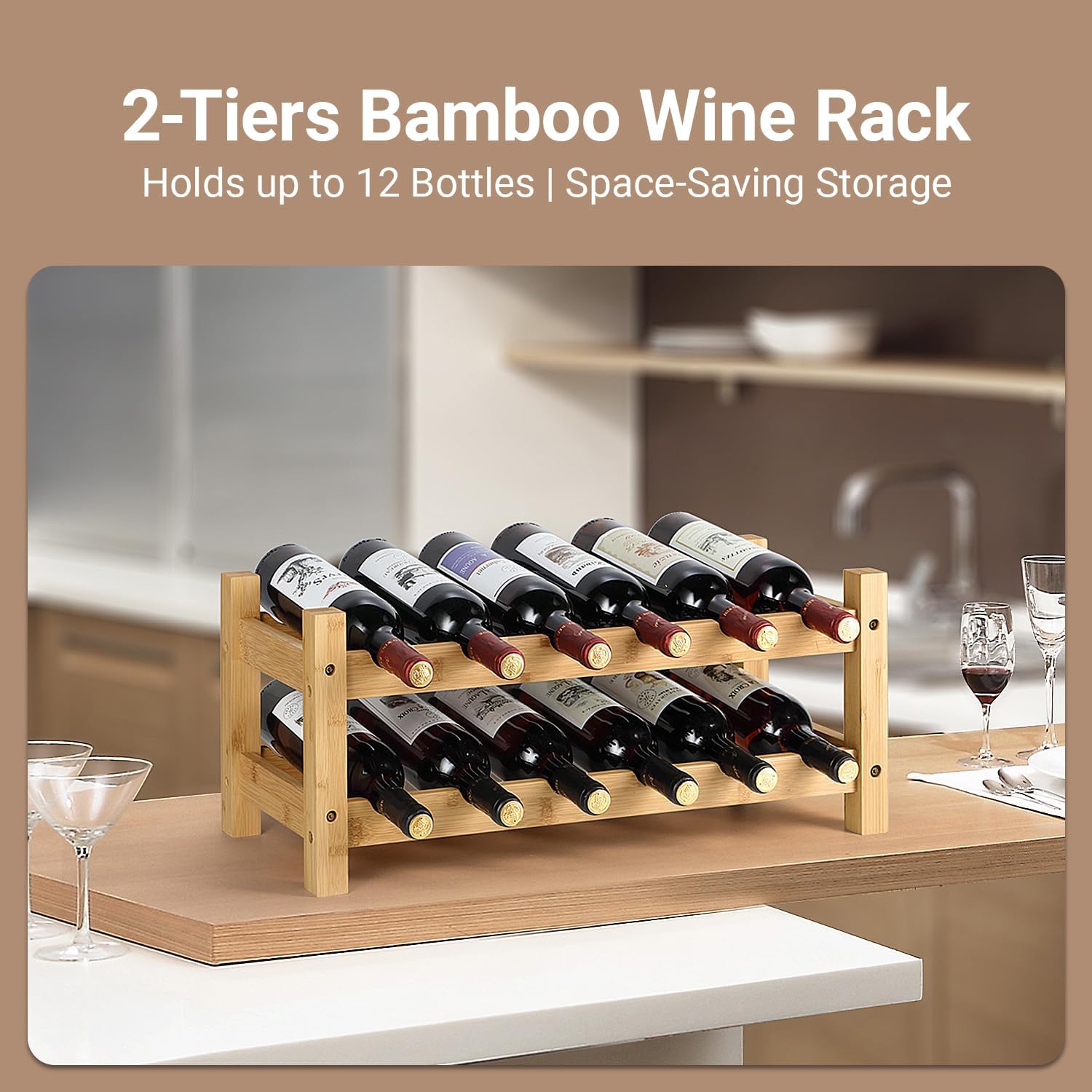 2 Tiers Bamboo Wine Rack Countertop Wine Display Stand Wine Storage Shelf Wine Bottle Holder