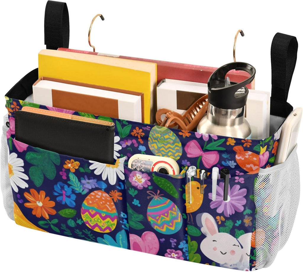 Easter Daisy Rabbit Birds Eggs Bedside Caddy for Dorm Bed Bedside Hanging Caddy Bag Iron Frame Storage Organizer Pocket for Bunk Home College Hospital Beds 2 Hooks