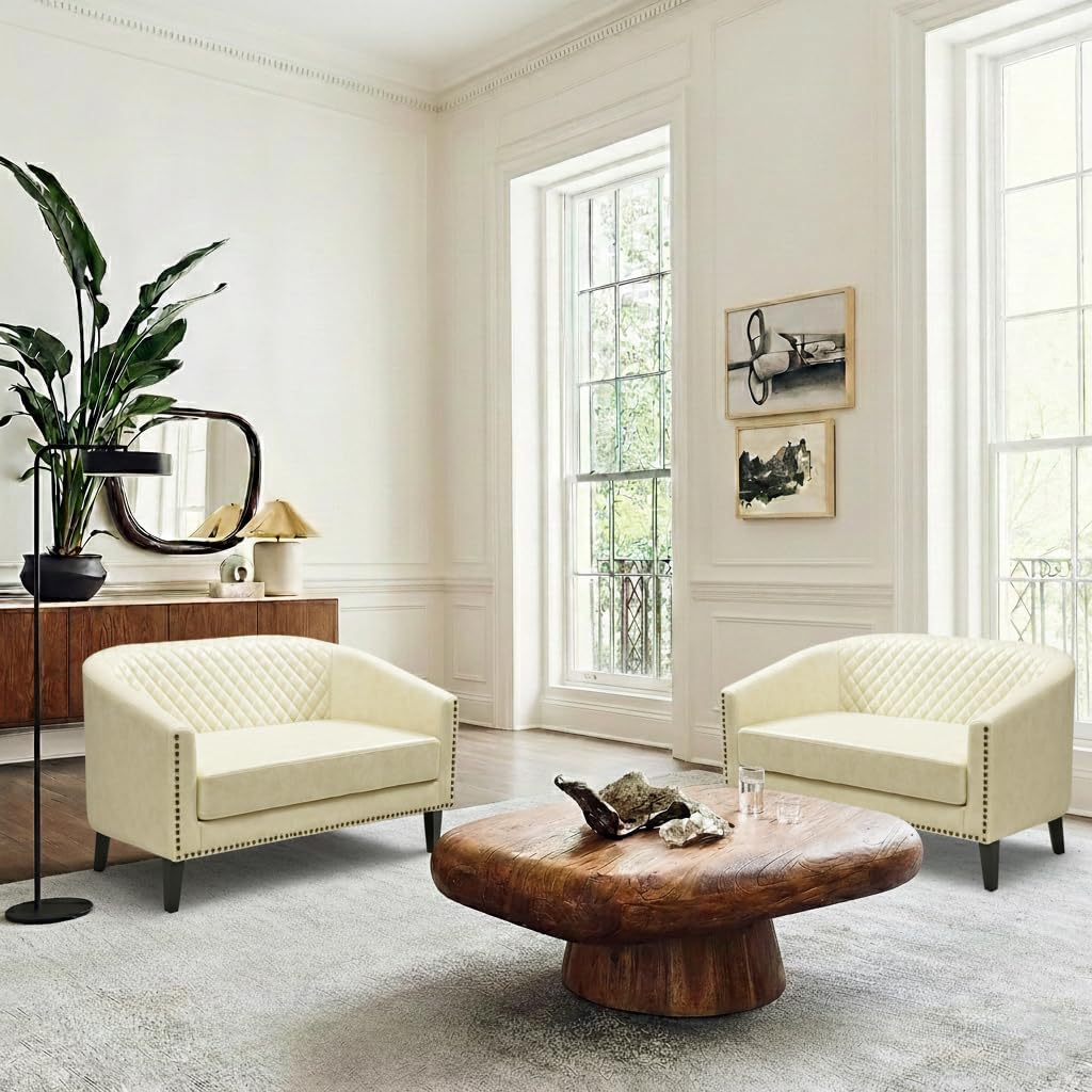 50" Faux Leather Small Barrel Love Seats Set of 2, Diamond Tufted Back Compact Loveseats Sofas with Nailhead Trim, Modern 2-Seater Couches with Solid Wood Legs for Small Spaces, Apartments, Cream