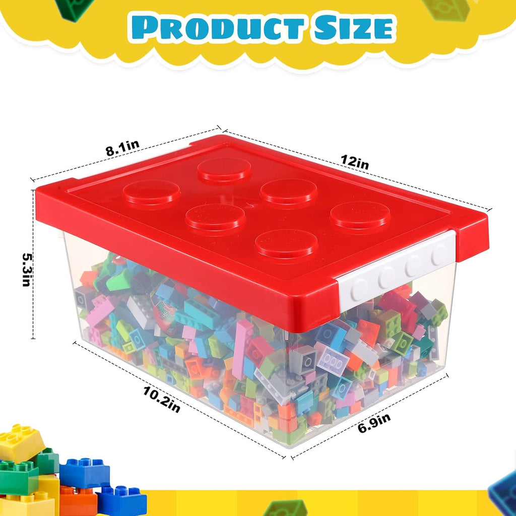 Vicenpal 4 Pack Toy Storage Containers with Lids Brick Shaped Kids Toy Organizer Box Plastic Clear Stackable Bin Chest for Building Block Dolls(Small,Red, Yellow, Blue, Green)