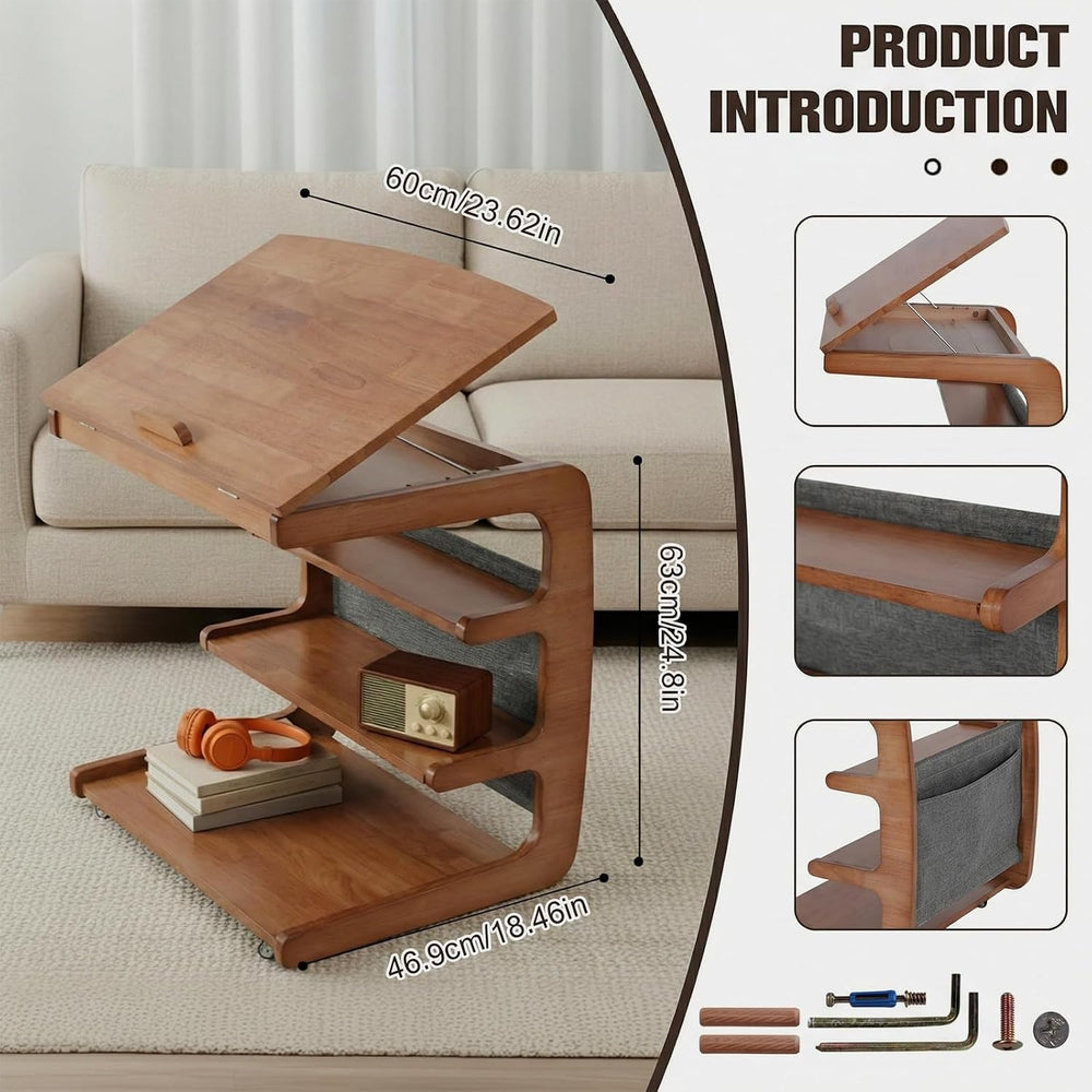 Multi-Layer Storage Rolling Side Table, C Shaped Couch End Table with Edge St...