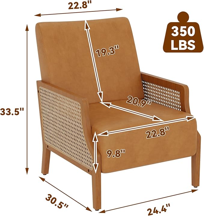 WENTMENT Modern Accent Chair, Armchair with Natural Rattan Armrest, Upholstered Living Room Chair Comfy Single Sofa Chair for Hosting Room/Bedroom, Brown
