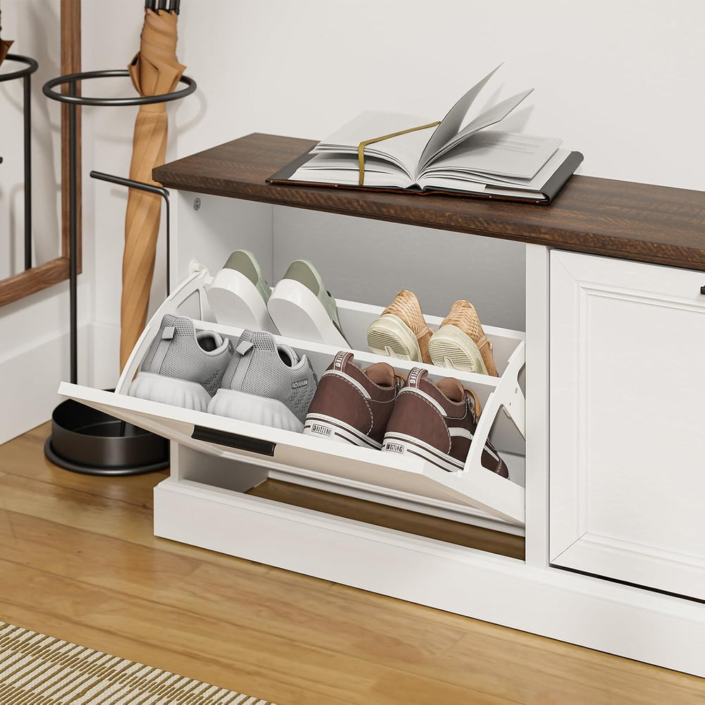 SoBuy Narrow Shoe Bench with Flip Drawers - Slim White Entryway Shoe Storage ...