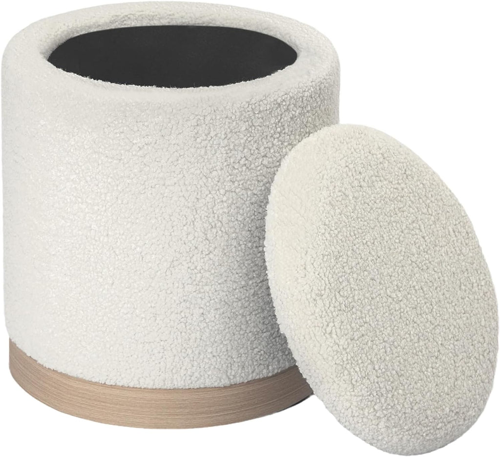 Round Storage Ottoman for Living Room, Small Velvet Vanity Stool with Light-Wood Base, White