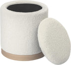Round Storage Ottoman for Living Room, Small Velvet Vanity Stool with Light-Wood Base, White