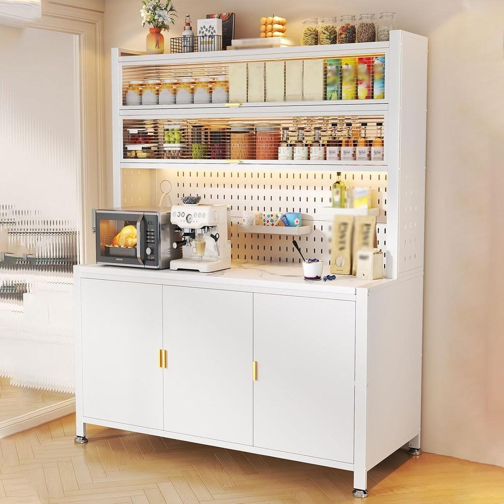 Wide Kitchen Pantry, Large Kitchen Hutch with 2 Microwave Stands, Farmhouse T...