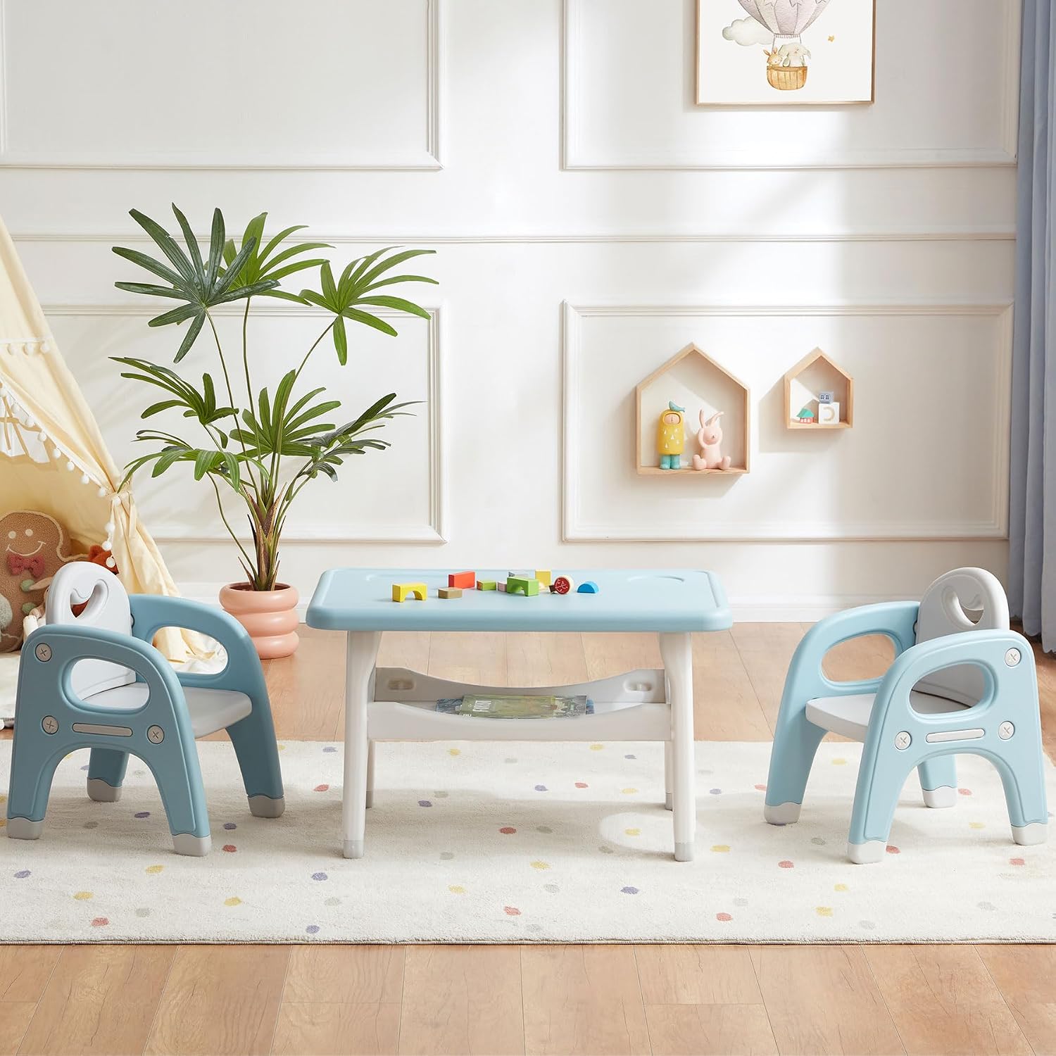 GITAWUSA Kids Table and 2 Chairs Set, Large Built-in Storage, Montessori Toddlers Table and Chairs Set, Kids Activity Table for Drawing Dining Playing, CPSC & ASTM Approved, Blue