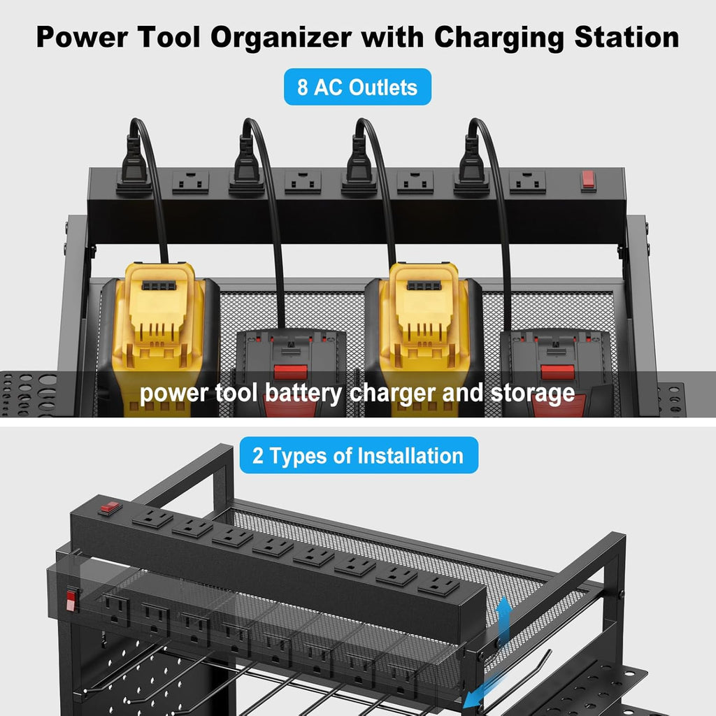 JUNNUJ Power Tool Organizer Floor Stand with Charging Station, Garage Adjustable Storage Rack Utility Tool Shelf with 8 Outlet 10 FT Power Strip, Heavy Duty Drill and Battery Holder