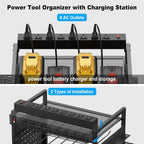 JUNNUJ Power Tool Organizer Floor Stand with Charging Station, Garage Adjustable Storage Rack Utility Tool Shelf with 8 Outlet 10 FT Power Strip, Heavy Duty Drill and Battery Holder