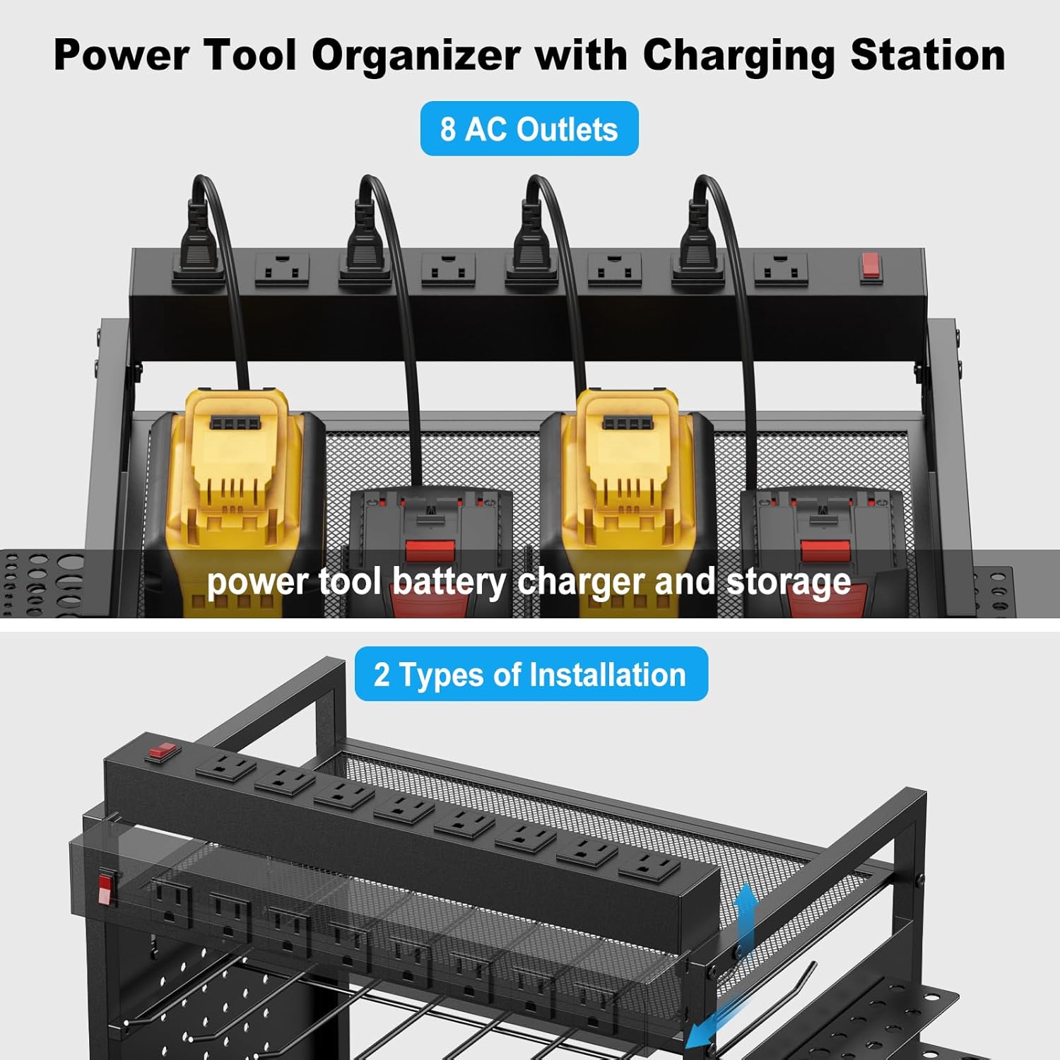 JUNNUJ Power Tool Organizer Floor Stand with Charging Station, Garage Adjustable Storage Rack Utility Tool Shelf with 8 Outlet 10 FT Power Strip, Heavy Duty Drill and Battery Holder